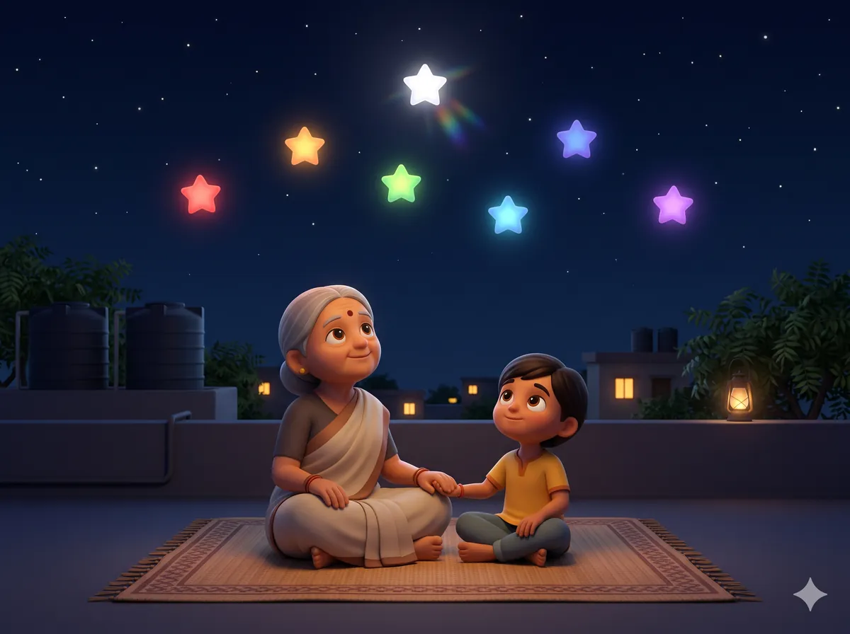 छत पर चटाई पर बैठी दादी और बच्चा, हाथ पकड़े, आसमान में सात रंगीन तारों को देखते हुए